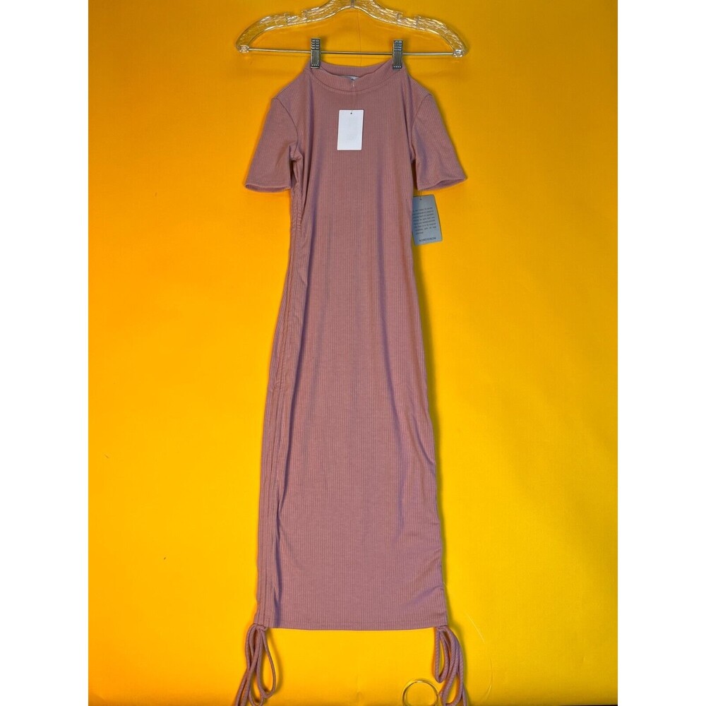 Velvet Torch Ruched Side Bodycon Dress Pink Womens XS Short Sleeve Rib Knit NWT